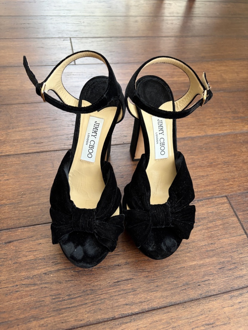 Jimmy Choo Black Velvet Bow Ankle-Strap Heels